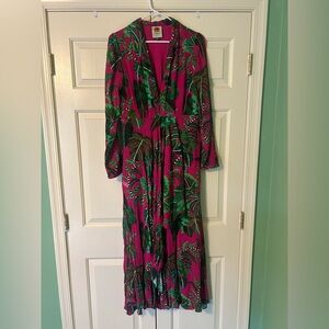 FARM Rio Pink and Green Leaf Long Sleeve Dress